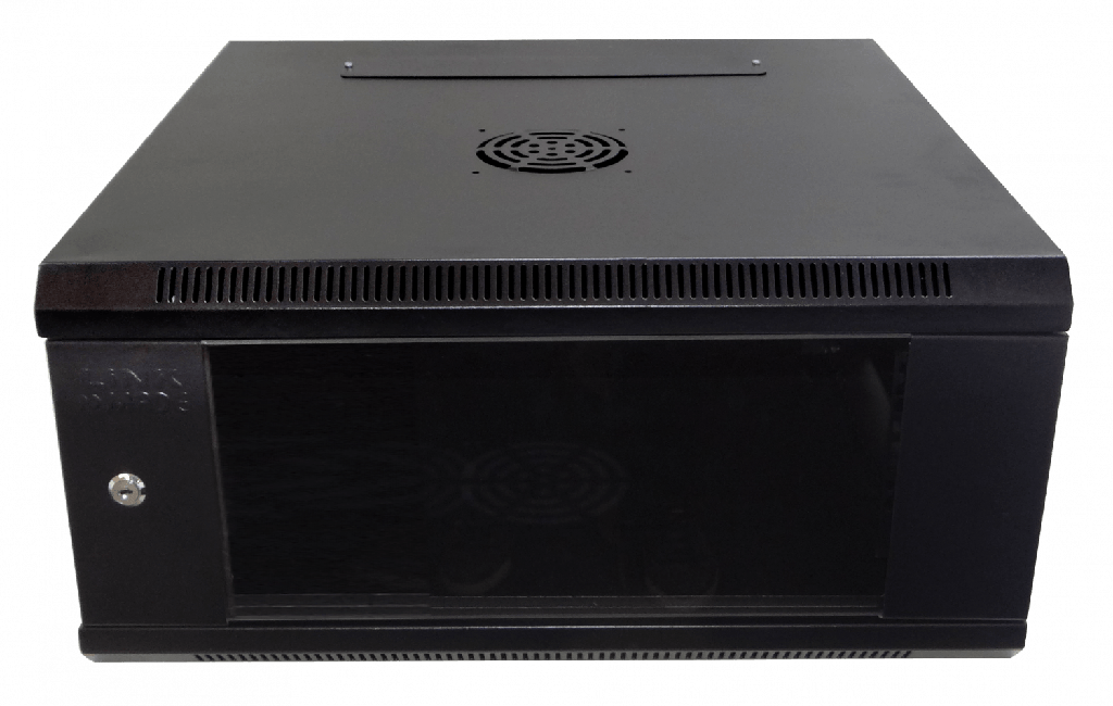 [RK04-6L] Linkmade 60cm-Fondo 4U Rack Pared Mural Negro Puerta-Vidrio