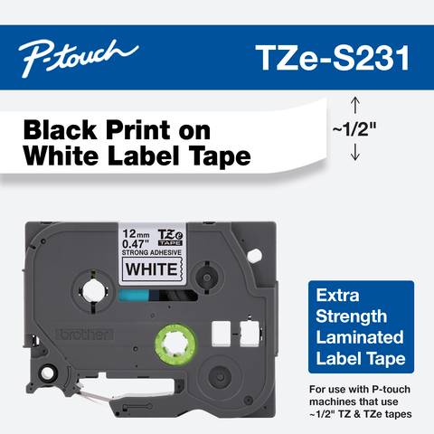 Brother TZE-S231 Cinta negro sobre blanco adhesivo industrial de 12 mm x 8m