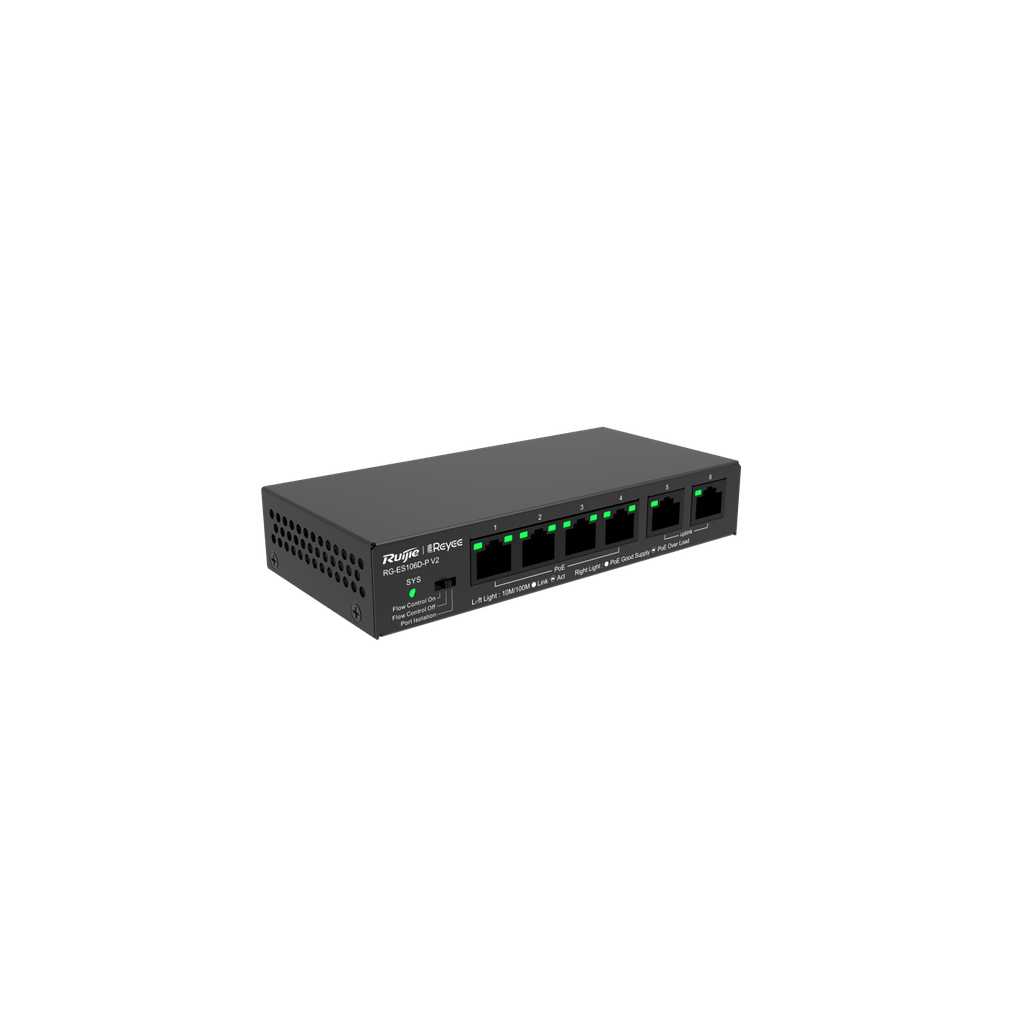 Reyee RG-ES106D-P-V2 Switch de escritorio No admin 6 puertos 10/100Mbps 4 puertos PoE max 54W